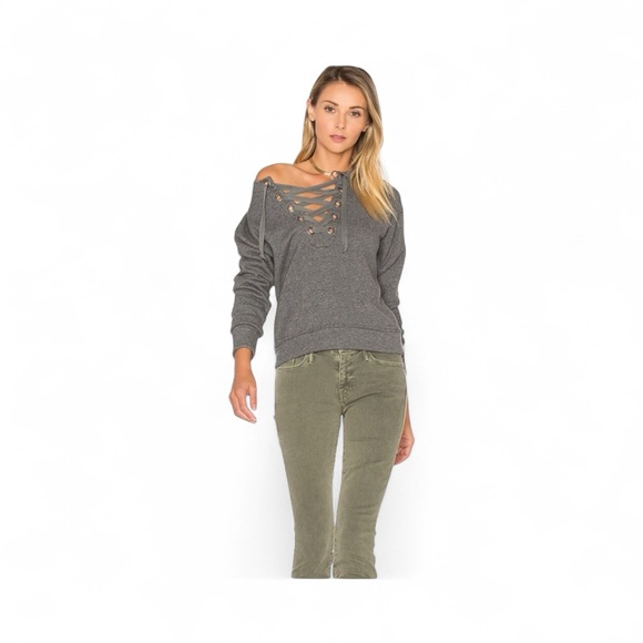 MOTHER denim Lace Up Don’t Sweat It Sweatshirt The Tie Up Easy Gray Size XS - Picture 1 of 10